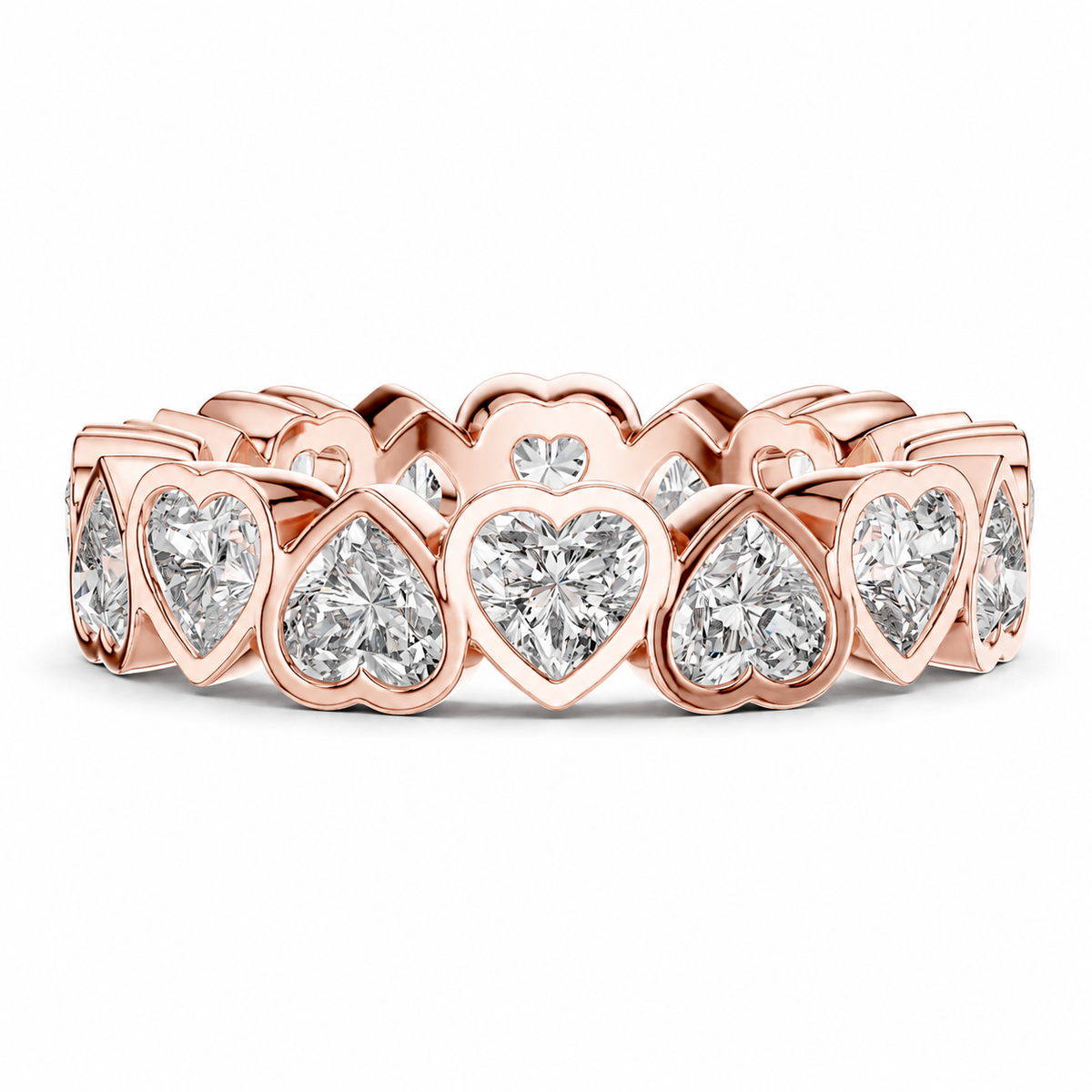 color_10K_RG, color_14K_RG &&	A rose gold eternity band ring featuring a continuous row of heart-shaped diamonds set in a polished rose gold metal, shown on a clean white background.