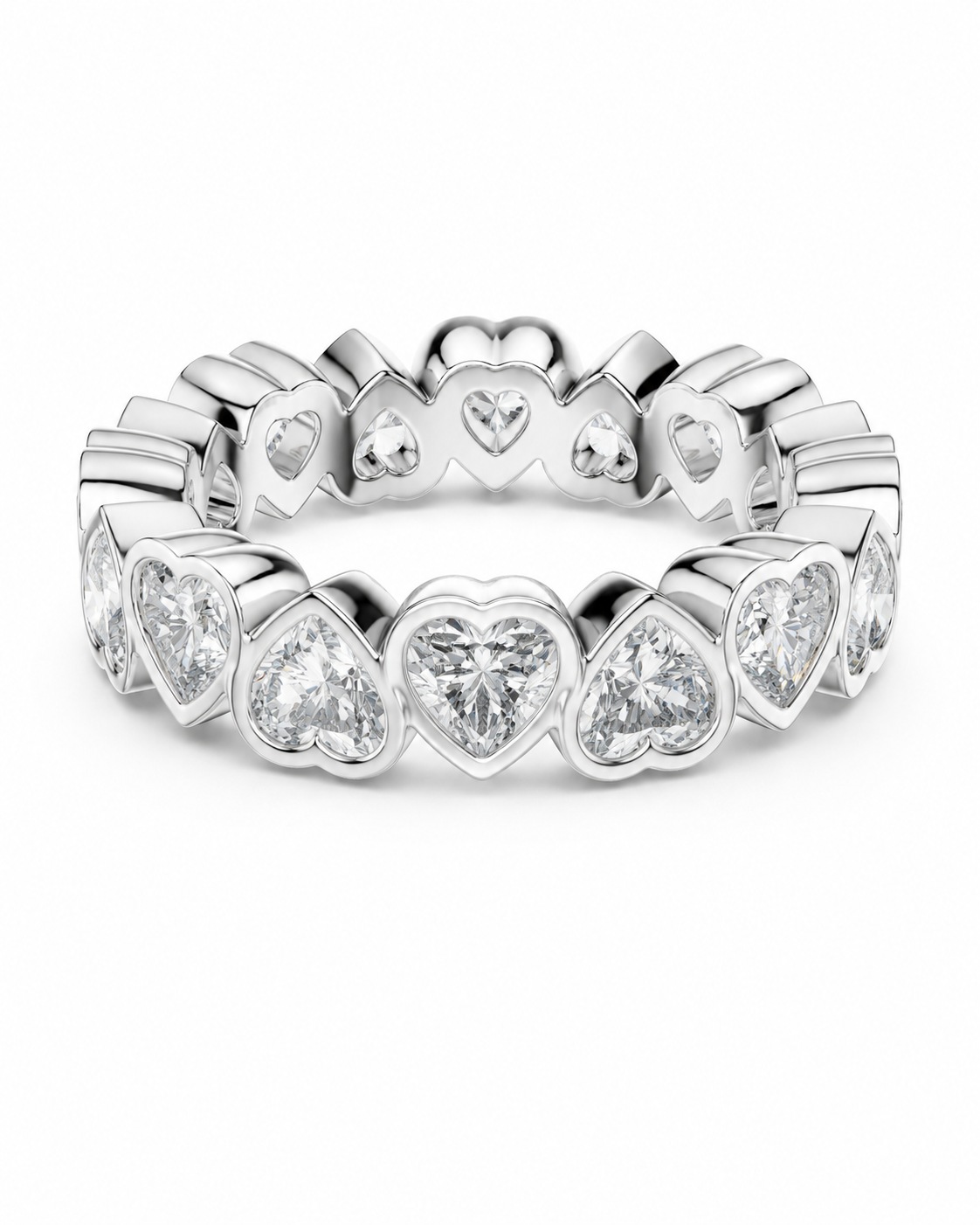 color_925_SIL,color_935_ARG,color_10K_WG, color_14K_WG &&	
A silver heart eternity ring featuring a continuous row of heart-shaped clear gemstones in a polished silver setting, shown on a clean white background.