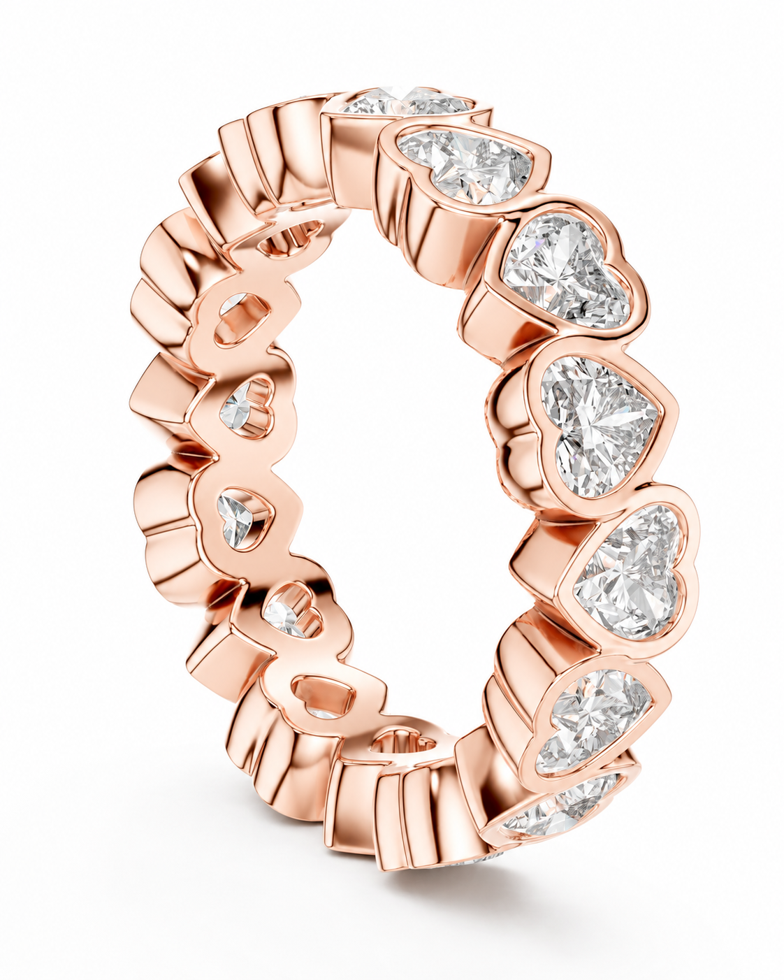 color_10K_RG, color_14K_RG &&	A rose gold eternity ring featuring a continuous row of heart-shaped clear gemstones in a polished setting, shown on a clean white background.