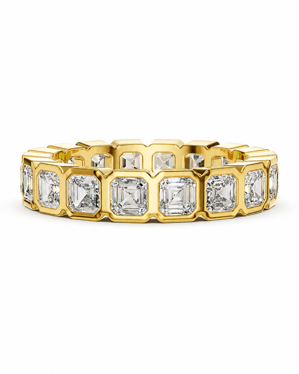 color_10K_YG, color_14K_YG &&	
A yellow gold eternity ring featuring a row of baguette-cut clear gemstones in a bezel setting, shown against a plain white background.