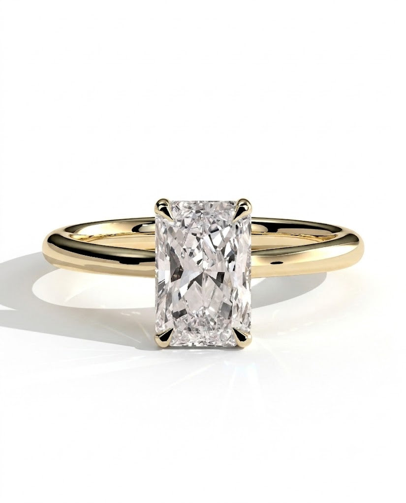 color_10K_YG, color_14K_YG &&A yellow gold engagement ring featuring a large rectangular radiant-cut diamond center stone in a four-prong setting, shown on a clean white background with a soft shadow.