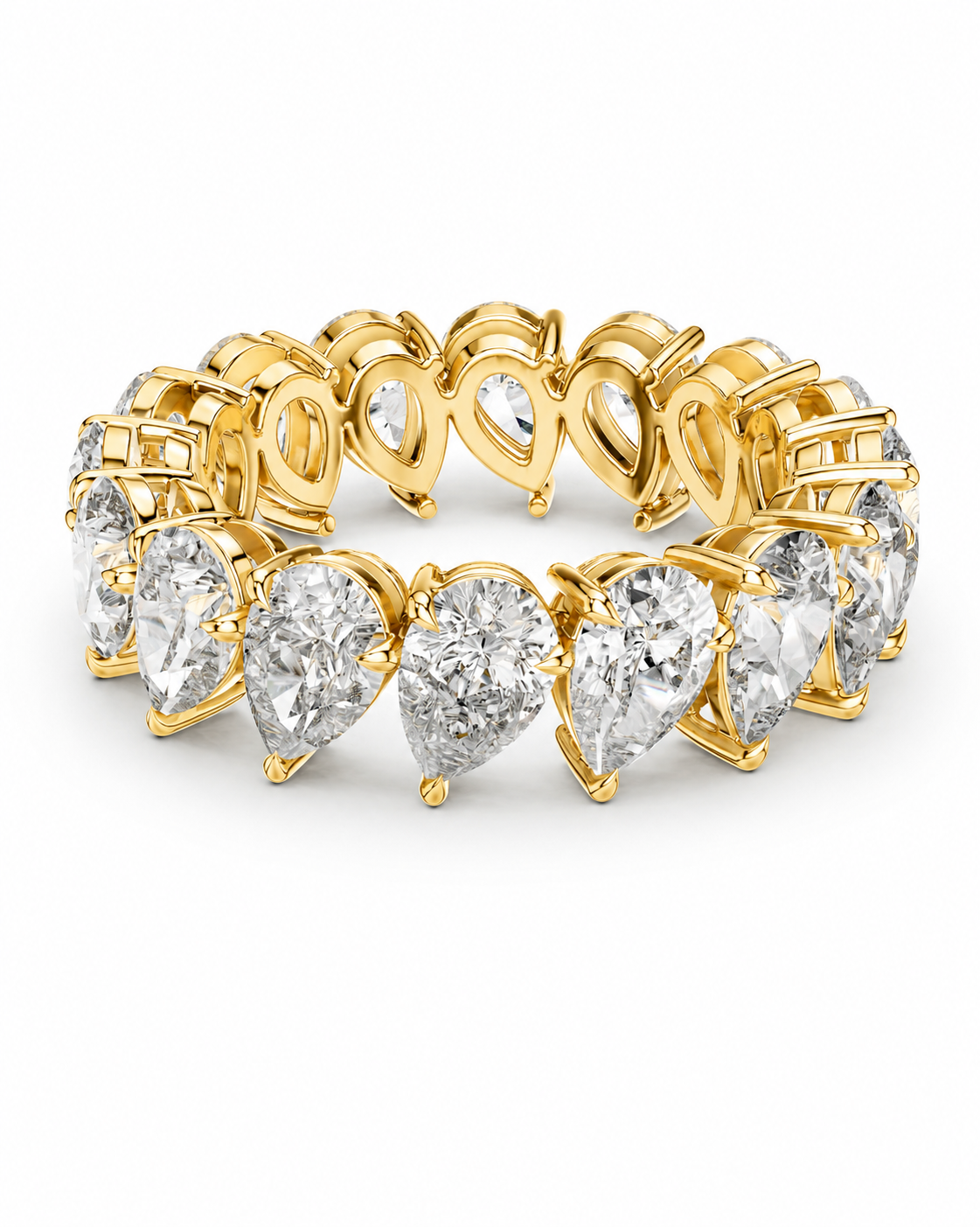 color_10K_YG, color_14K_YG &&	
A yellow gold eternity ring featuring a continuous row of pear-cut clear gemstones in a prong setting, shown on a clean white background.
