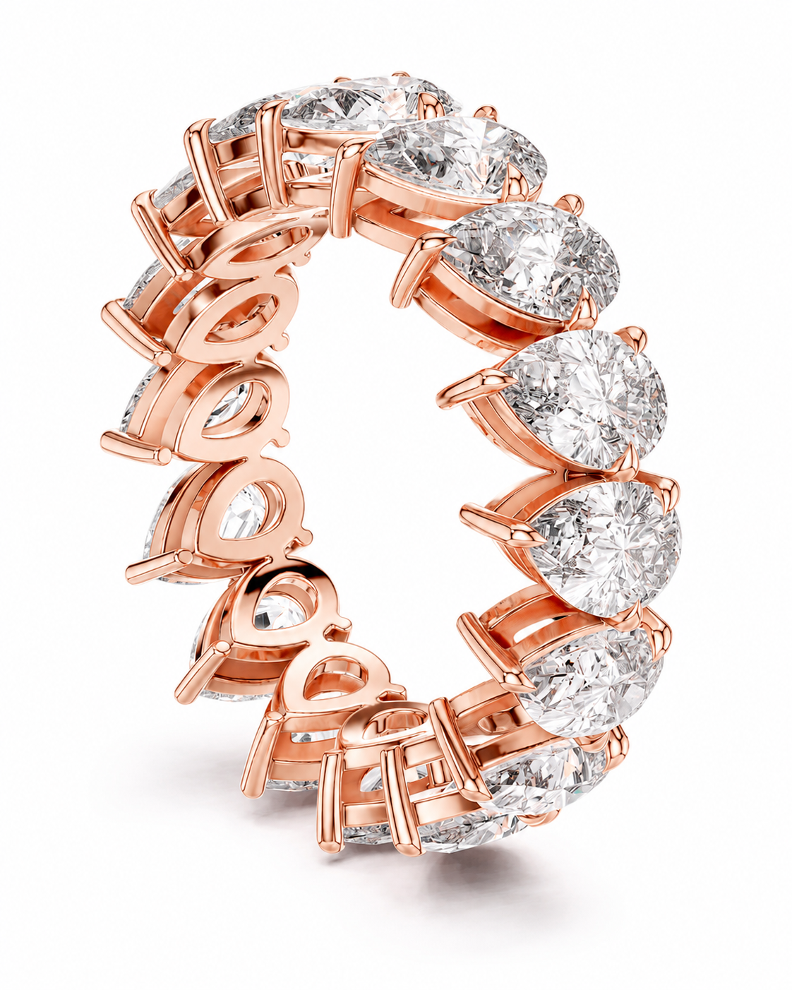 color_10K_RG, color_14K_RG &&	A rose gold eternity ring featuring multiple round brilliant-cut diamonds set in a continuous band, shown on a clean white background.