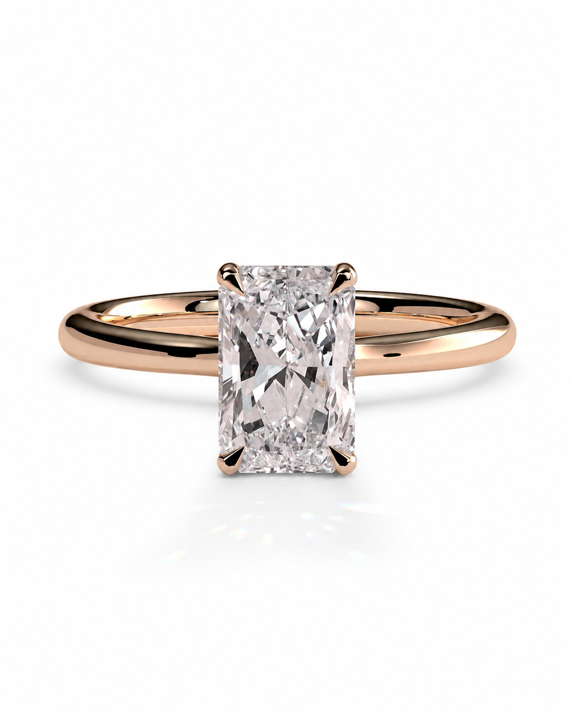 color_10K_RG, color_14K_RG &&A rose gold engagement ring featuring a rectangular radiant-cut diamond center stone in a four-prong setting, shown on a clean white background.
