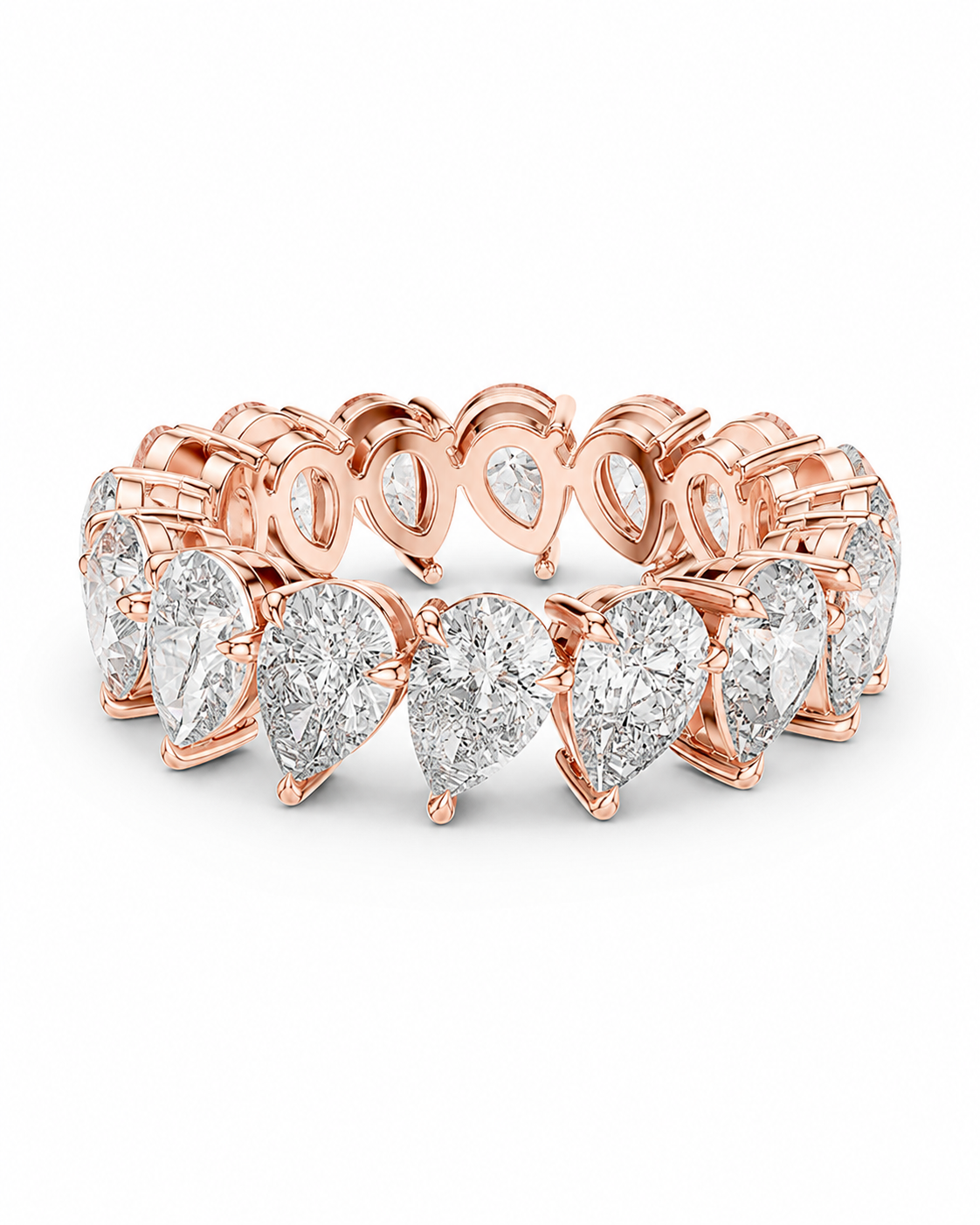 color_10K_RG, color_14K_RG &&	A rose gold eternity band featuring a row of pear-cut clear gemstones in a prong setting, photographed on a clean white background.