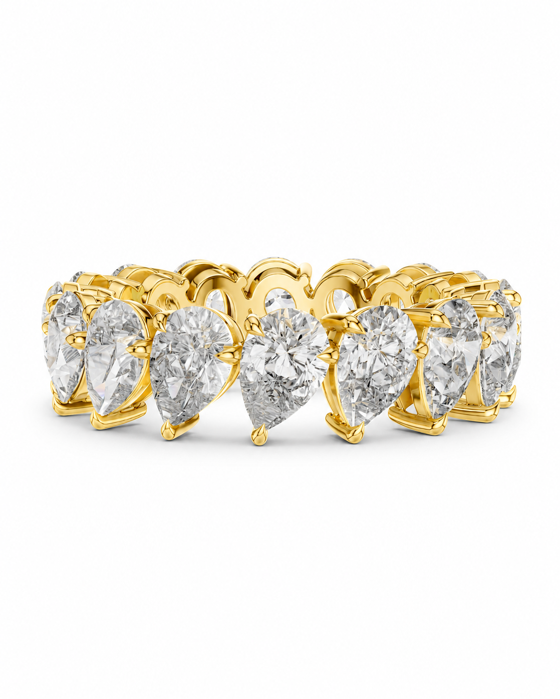 color_10K_YG, color_14K_YG &&	
A yellow gold eternity ring featuring a continuous row of pear-cut clear gemstones in a prong setting, shown on a plain white background.
