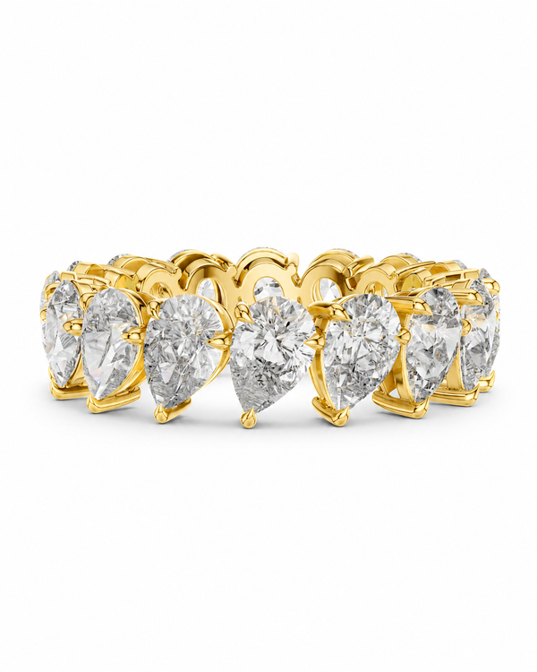 color_10K_YG, color_14K_YG &&	
A yellow gold eternity ring featuring a continuous row of pear-cut clear gemstones in a prong setting, shown on a plain white background.