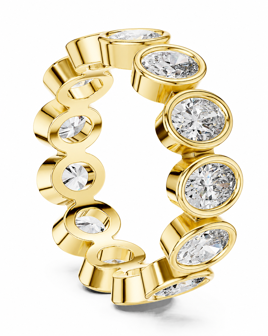 color_10K_YG, color_14K_YG &&	
A yellow gold eternity-style ring featuring multiple bezel-set round and marquise-cut clear gemstones, shown on a clean white background.
