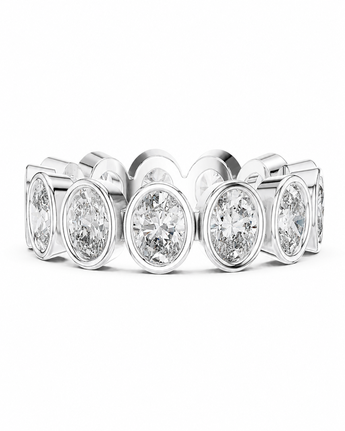 color_925_SIL,color_935_ARG,color_10K_WG, color_14K_WG &&	
A silver-toned diamond band ring featuring a row of oval-cut diamonds in bezel settings, shown against a plain white background.