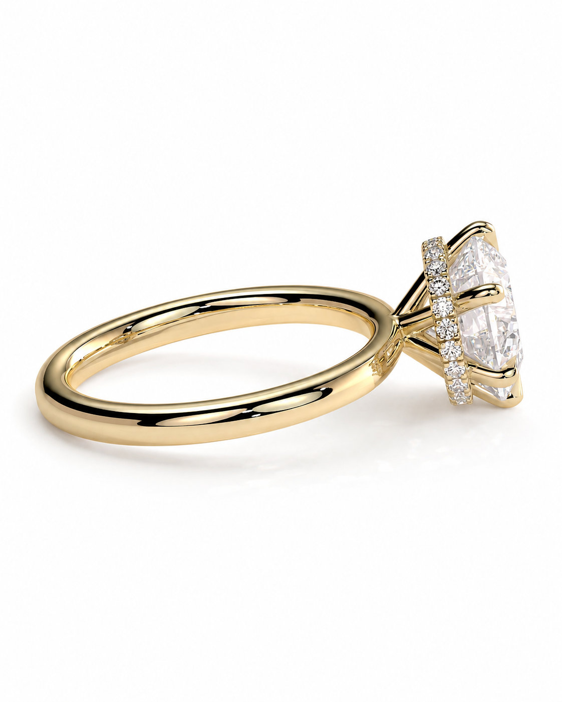 color_10K_YG, color_14K_YG &&A yellow gold solitaire engagement ring featuring a large round brilliant-cut center stone and a halo of smaller round stones, shown on a clean white background.