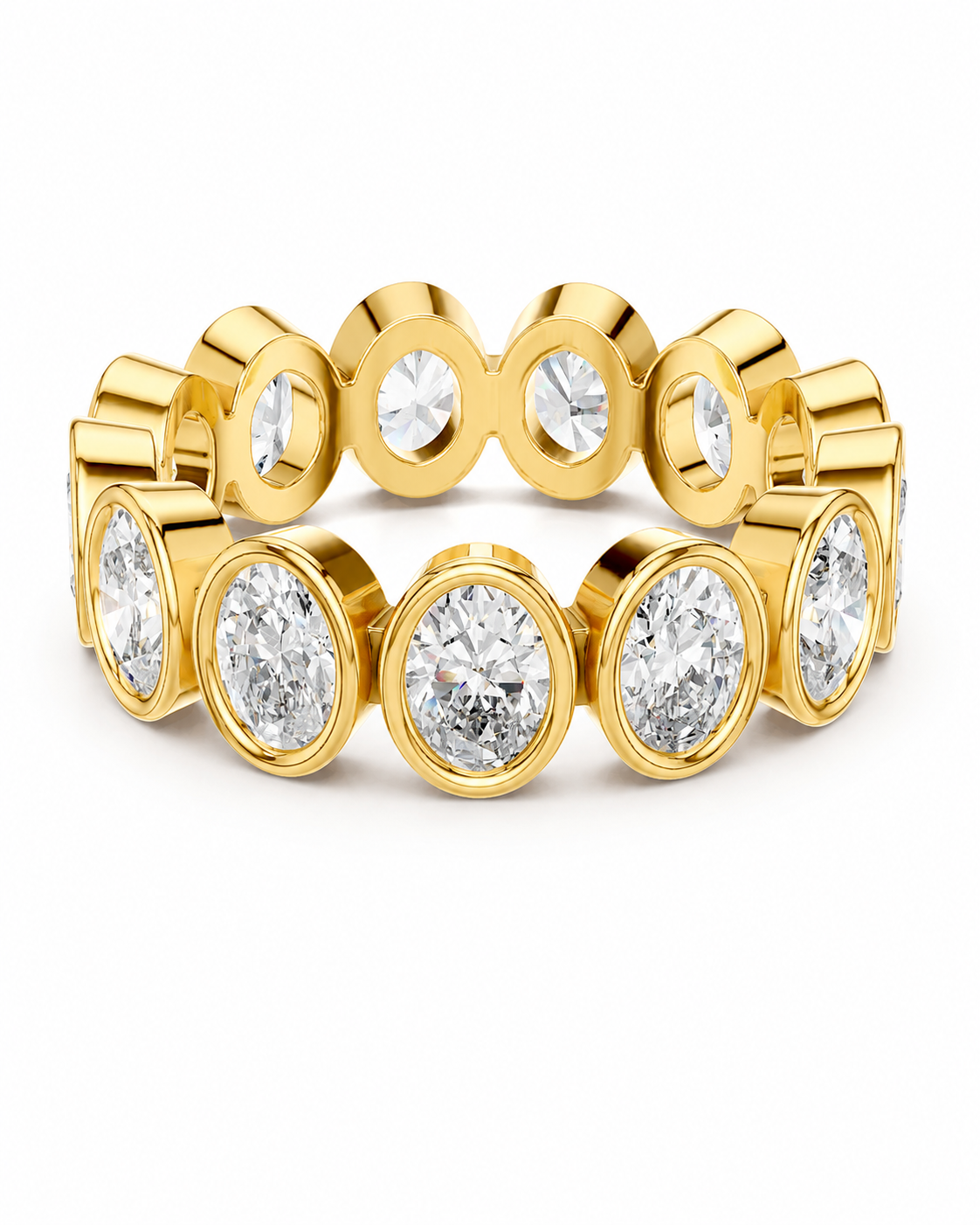 color_10K_YG, color_14K_YG &&	
A yellow gold eternity-style ring featuring multiple bezel-set round clear gemstones, photographed on a clean white background.