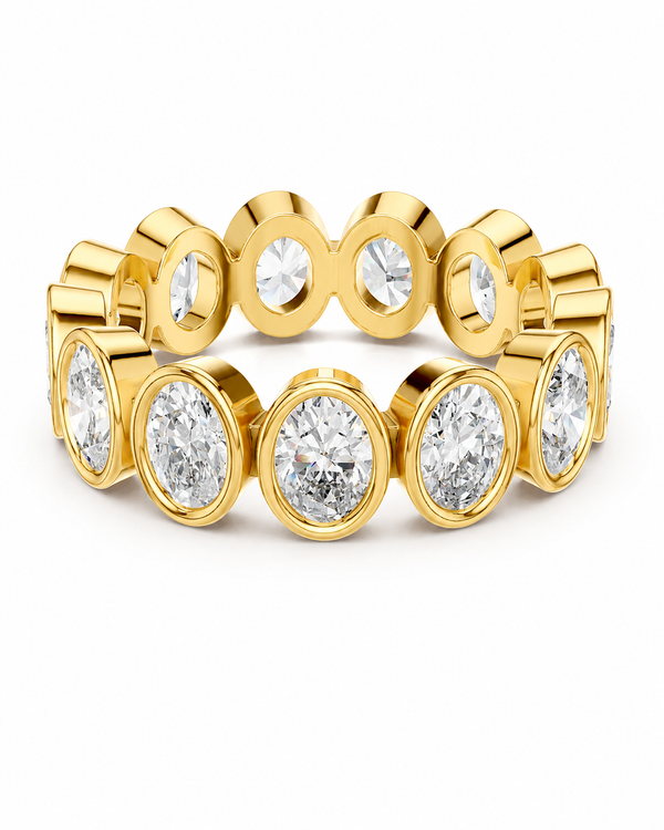 color_10K_YG, color_14K_YG &&	
A yellow gold eternity-style ring featuring multiple bezel-set round clear gemstones, photographed on a clean white background.