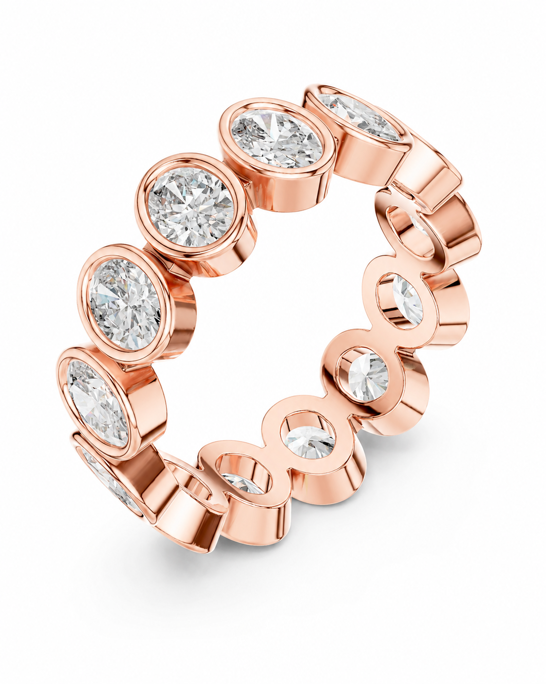color_10K_RG, color_14K_RG &&	A rose gold eternity-style ring featuring multiple bezel-set round diamonds, shown on a clean white background.