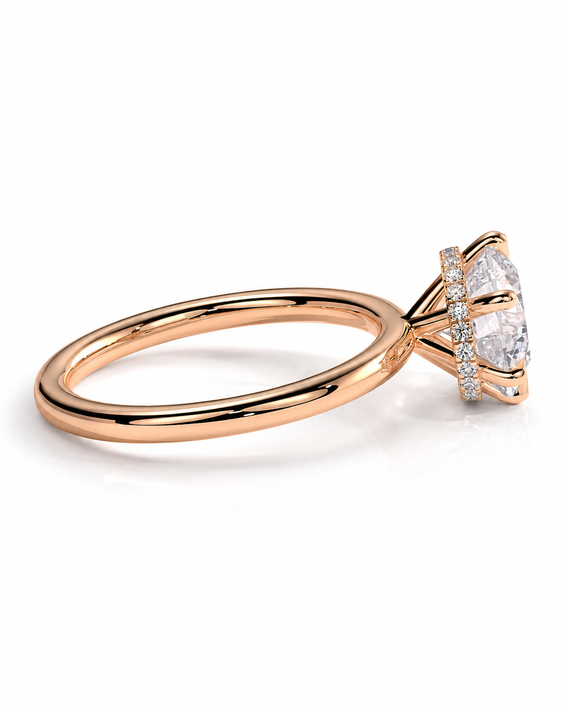 color_10K_RG, color_14K_RG &&Rose gold engagement ring with a large oval-cut center stone and a halo of small diamonds, shown on a clean white background.
