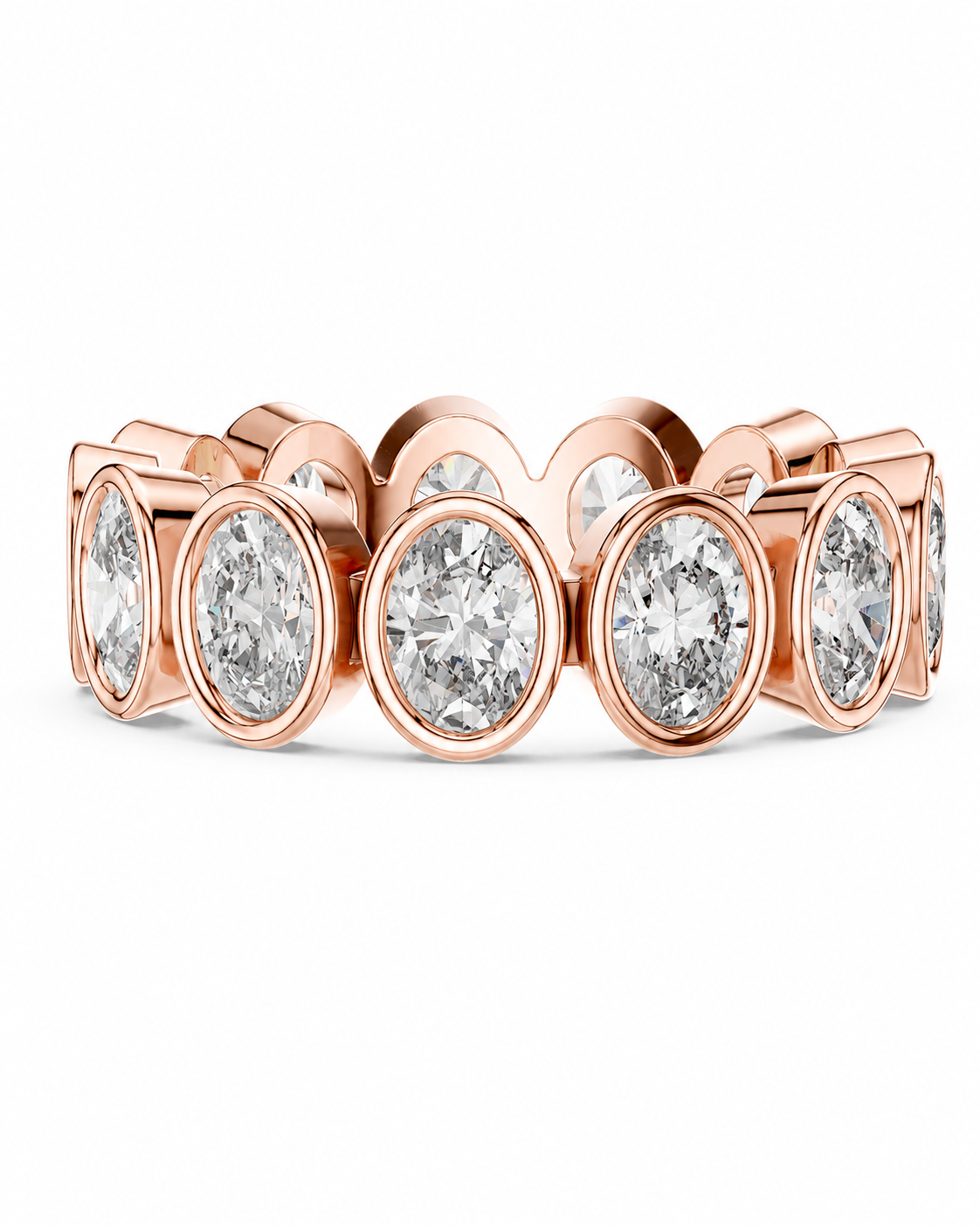color_10K_RG, color_14K_RG &&	A rose gold eternity-style band ring featuring multiple oval-cut clear gemstones in bezel settings, shown on a clean white background.