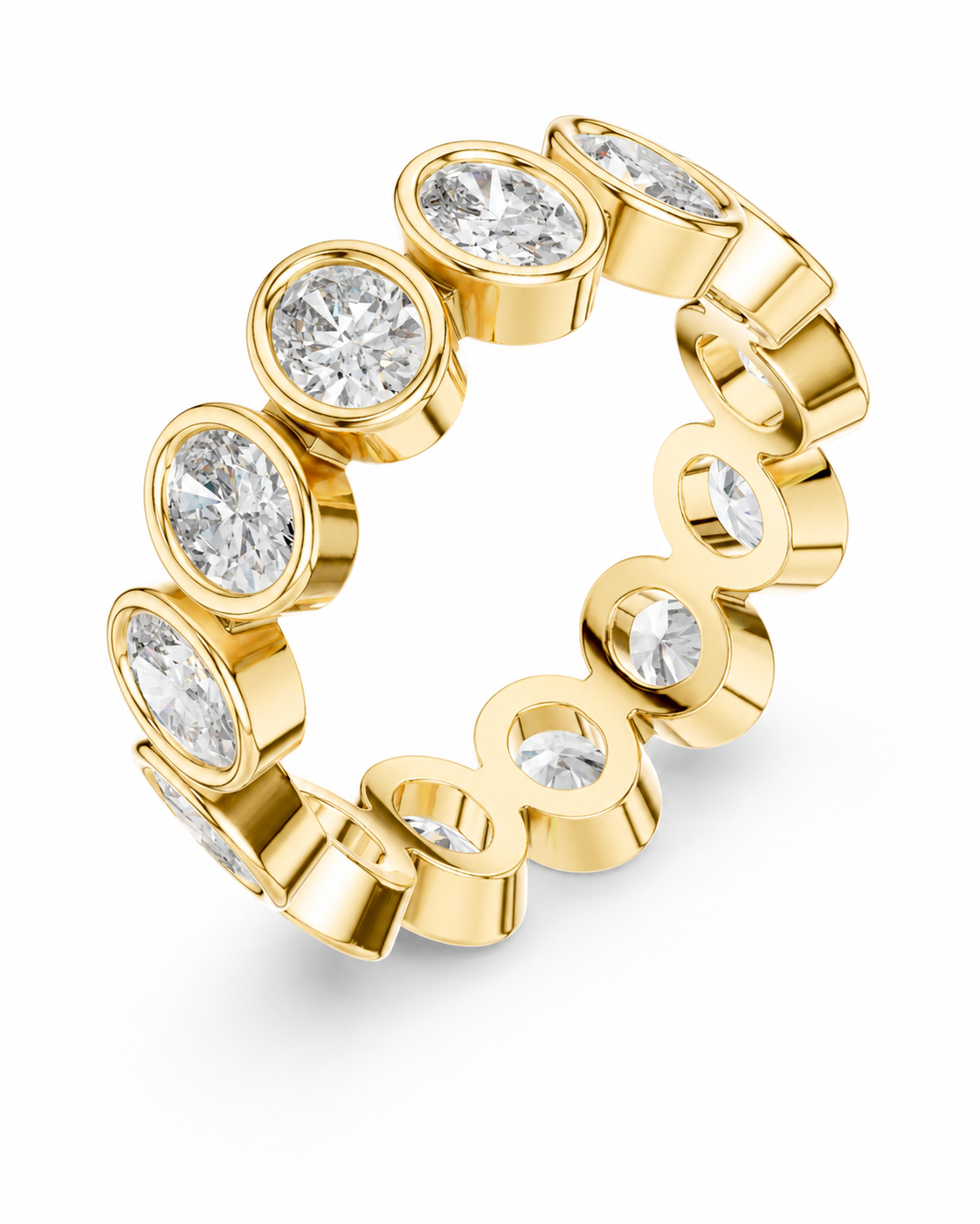 color_10K_YG, color_14K_YG &&	
A gold eternity ring featuring multiple bezel-set round and marquise-cut clear gemstones, shown on a clean white background.