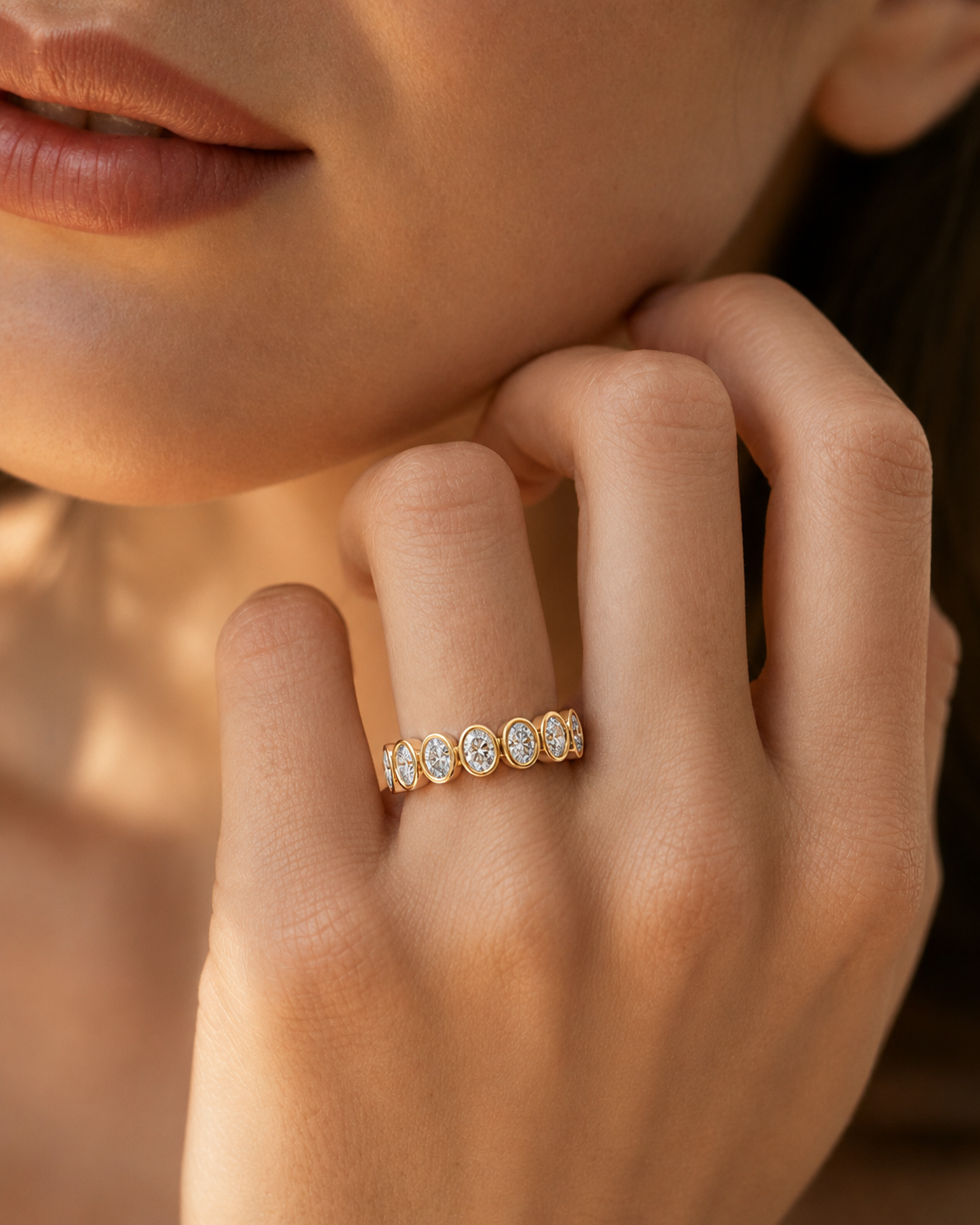 color_10K_YG, color_14K_YG &&	
Premium oval moissanite wedding band with modern full eternity styling.
