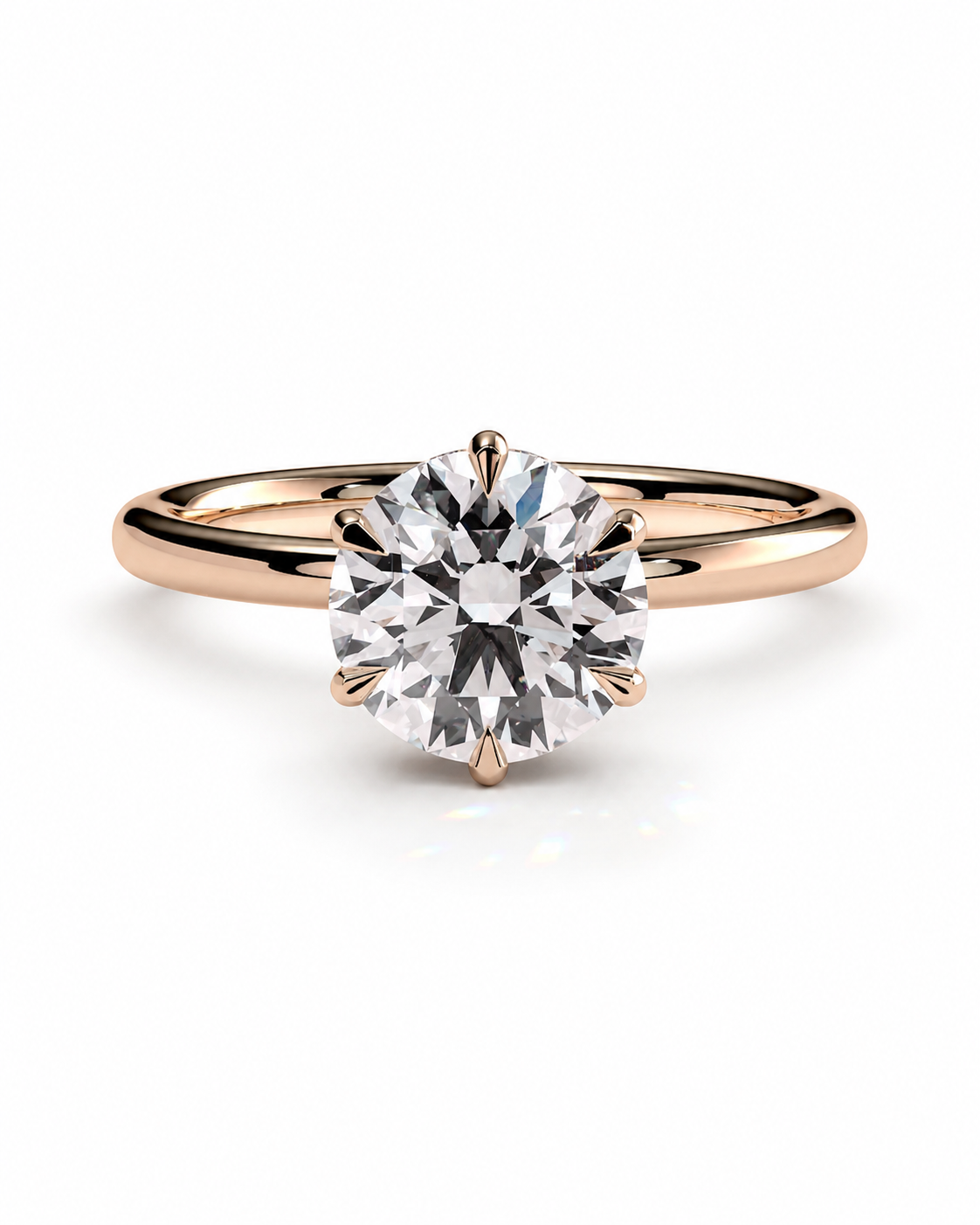 color_10K_RG, color_14K_RG &&A classic solitaire engagement ring featuring a round brilliant-cut diamond set in a rose gold four-prong setting on a polished band, shown against a clean white background.