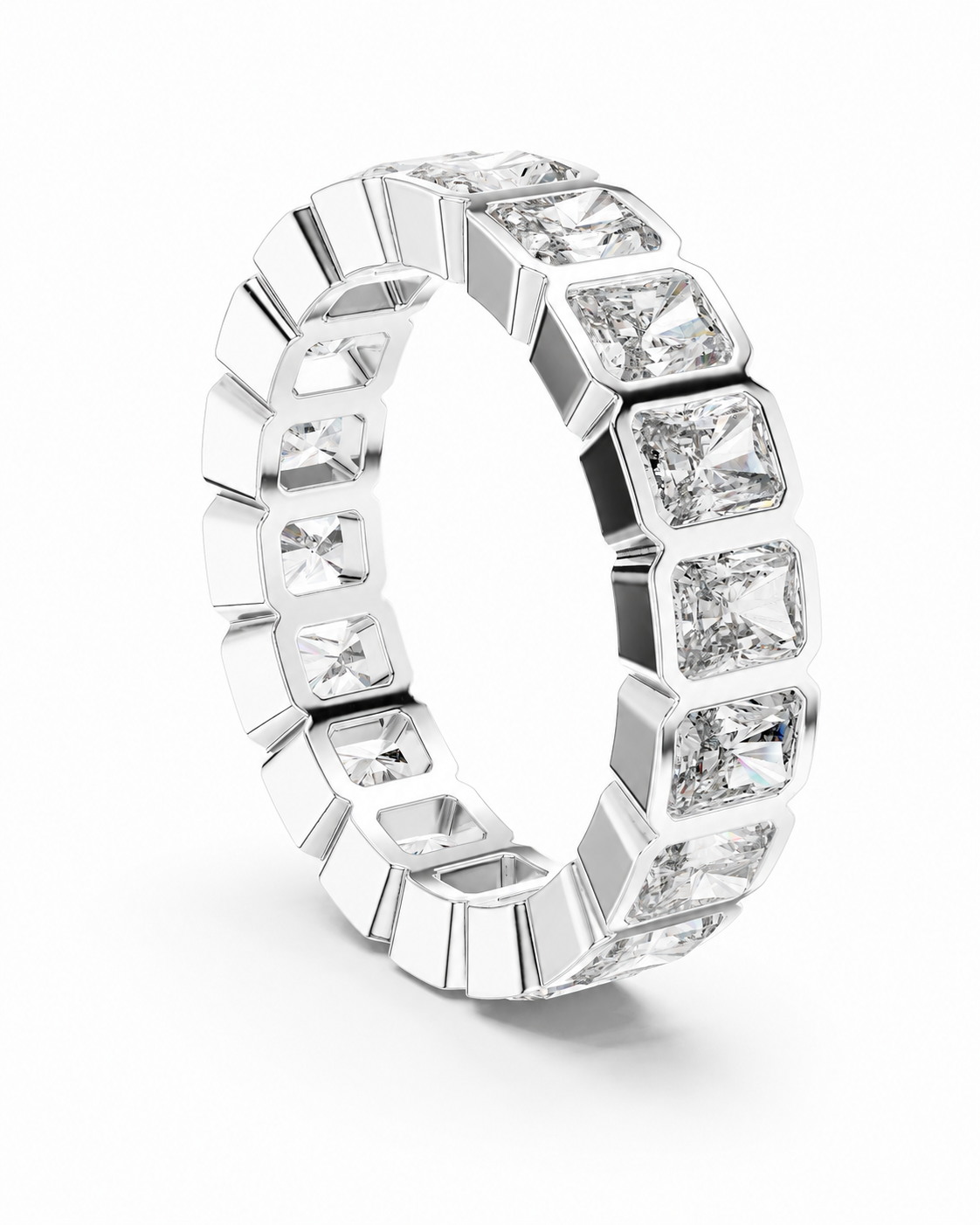color_925_SIL,color_935_ARG,color_10K_WG, color_14K_WG &&	
A silver eternity ring featuring a continuous row of princess-cut clear gemstones in a polished bezel setting, shown on a clean white background.