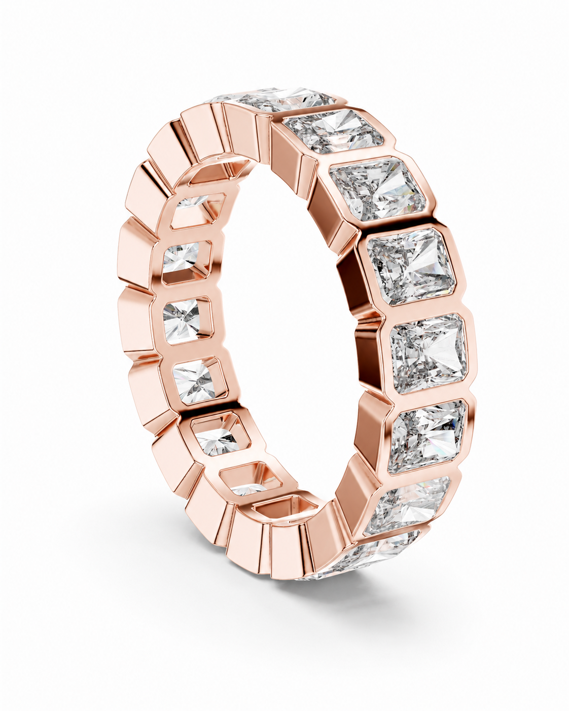color_10K_RG, color_14K_RG &&	A rose gold eternity ring featuring a continuous row of princess-cut clear diamonds in a modern segmented bezel setting, shown on a clean white background.