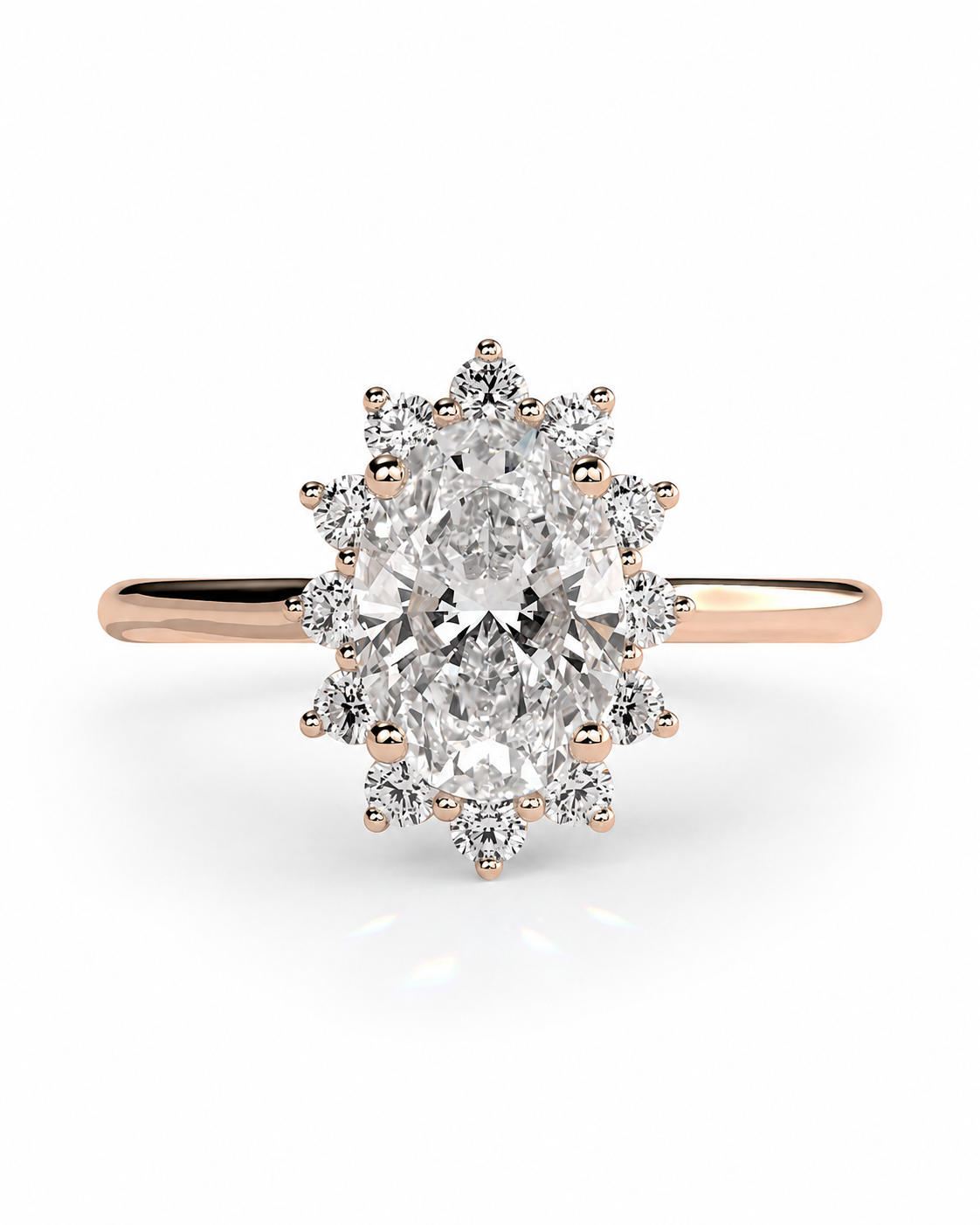 color_10K_RG, color_14K_RG &&A rose gold engagement ring featuring a large oval center diamond surrounded by a halo of smaller round diamonds, set on a polished band against a white background.