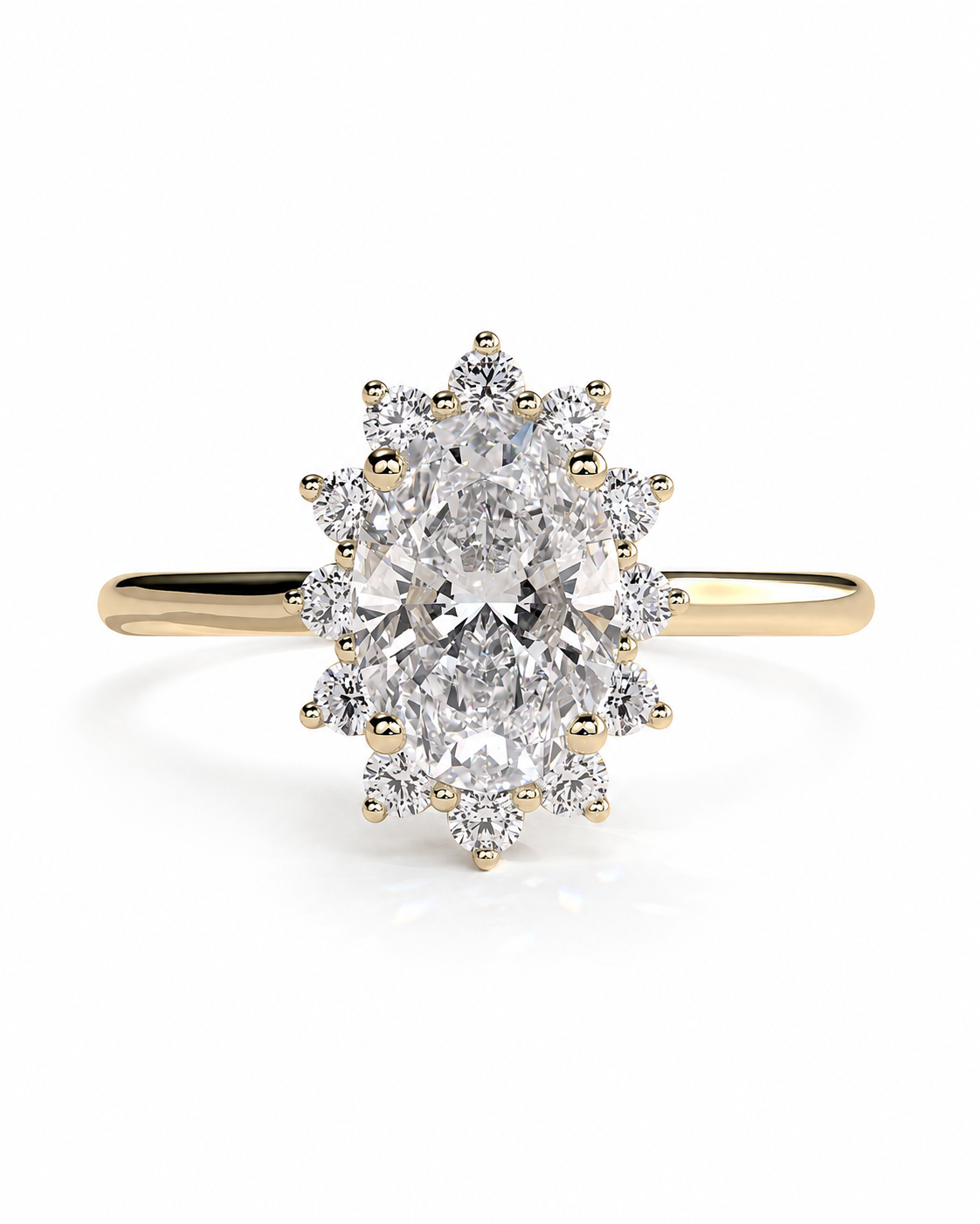 color_10K_YG, color_14K_YG &&A yellow gold cluster ring featuring a large oval center diamond surrounded by a halo of smaller round diamonds, set against a clean white background.