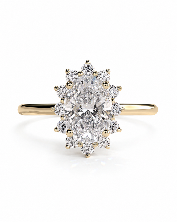 color_10K_YG, color_14K_YG &&A yellow gold cluster ring featuring a large oval center diamond surrounded by a halo of smaller round diamonds, set against a clean white background.