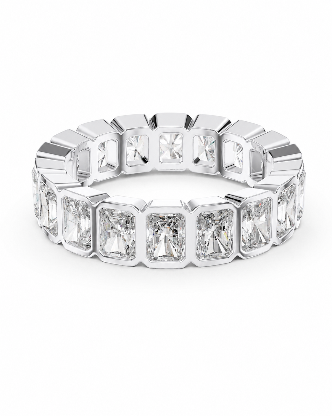color_925_SIL,color_935_ARG,color_10K_WG, color_14K_WG &&	
A silver-toned eternity band ring featuring a row of rectangular baguette-cut clear gemstones in a prong setting, shown against a plain white background.