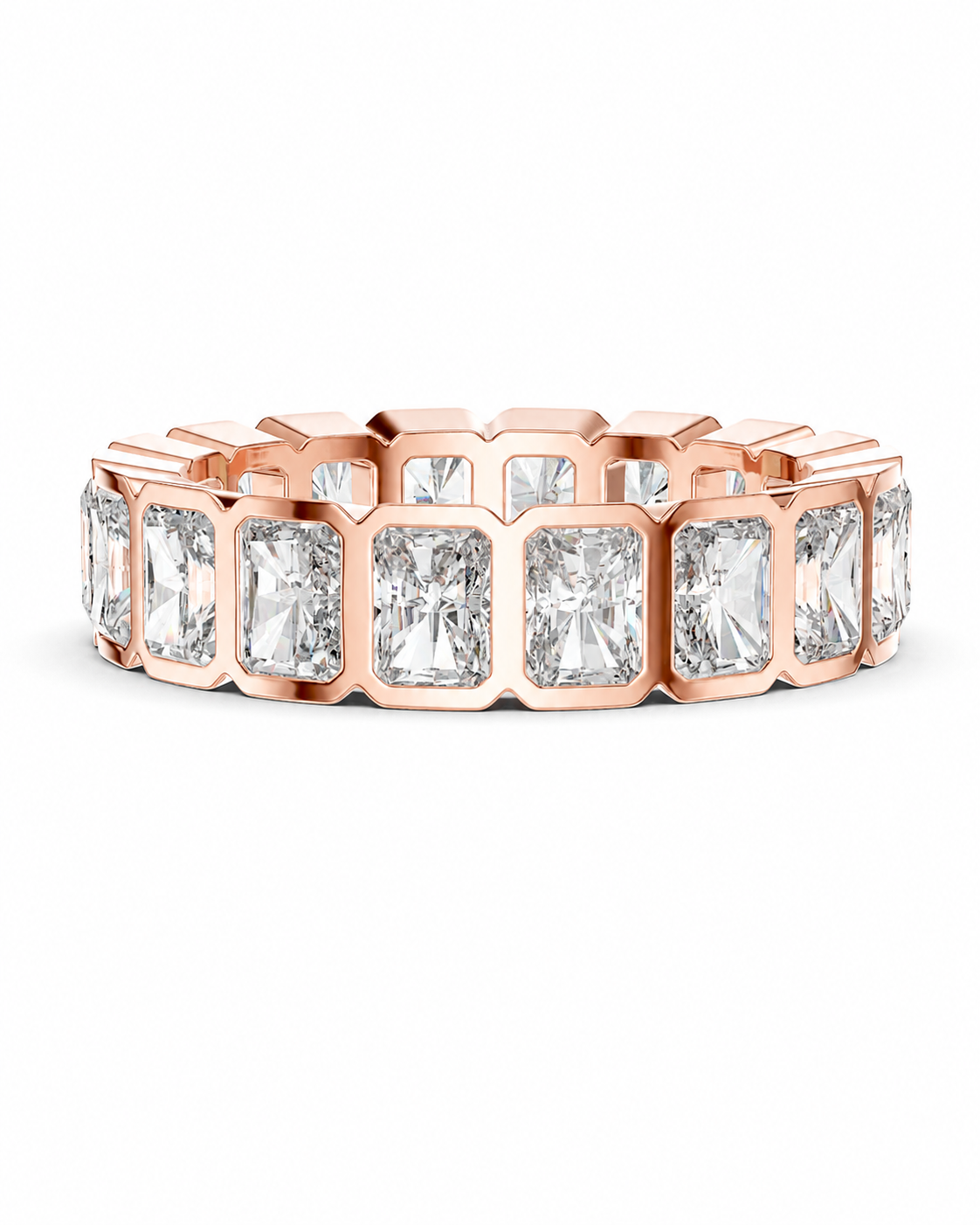 color_10K_RG, color_14K_RG &&	A rose gold eternity ring featuring a row of rectangular baguette-cut clear gemstones in a continuous band setting, shown on a plain white background.