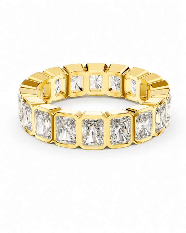 color_10K_YG, color_14K_YG &&	
A yellow gold eternity ring featuring a continuous row of rectangular clear gemstones in a bezel setting, shown on a clean white background.