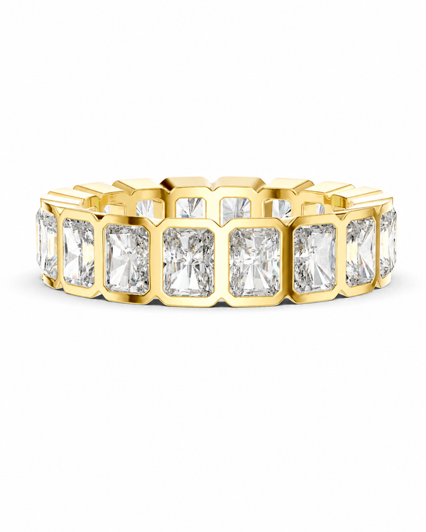 color_10K_YG, color_14K_YG &&	
A yellow gold eternity ring featuring a continuous row of rectangular emerald-cut clear diamonds in a bezel setting, shown on a plain white background.