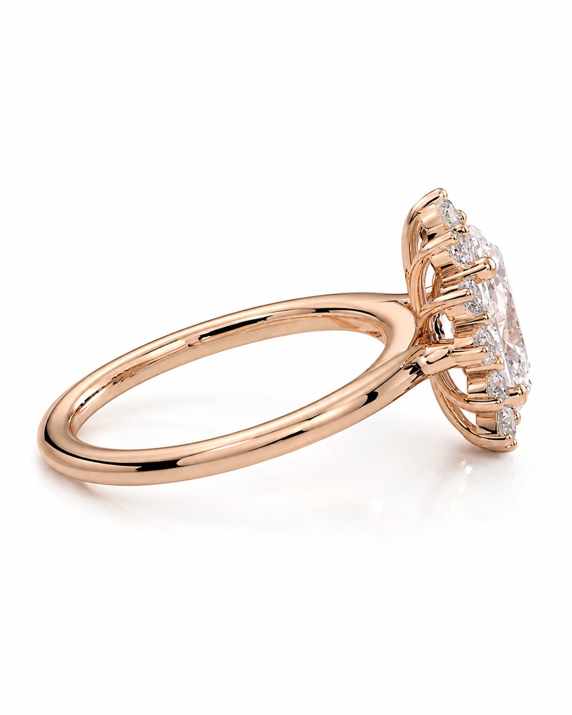 color_10K_RG, color_14K_RG &&A rose gold ring with a large oval-cut center stone and smaller surrounding stones, shown in a side profile view on a clean white background.