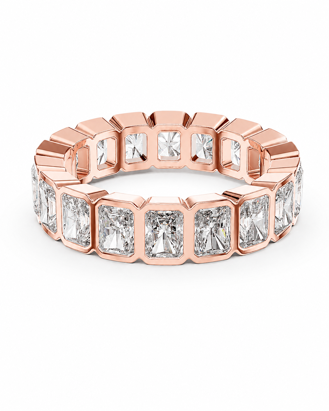 color_10K_RG, color_14K_RG &&	A rose gold eternity ring featuring a continuous row of rectangular clear gemstones in a bezel setting, shown on a clean white background.