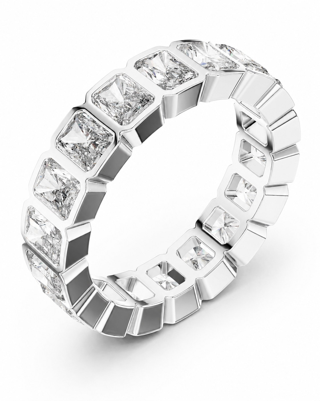 color_925_SIL,color_935_ARG,color_10K_WG, color_14K_WG &&	
A silver-toned eternity ring featuring a continuous row of square-cut clear gemstones in a prong setting, shown on a clean white background.
