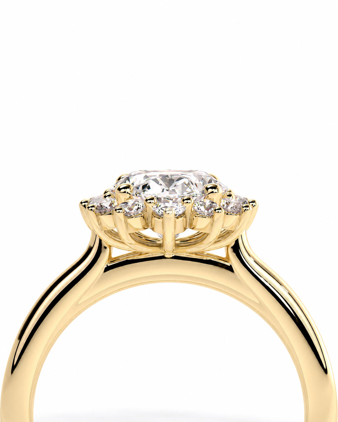 color_10K_YG, color_14K_YG &&A yellow gold engagement ring featuring a large oval center stone and a halo of smaller round stones, shown against a plain white background.