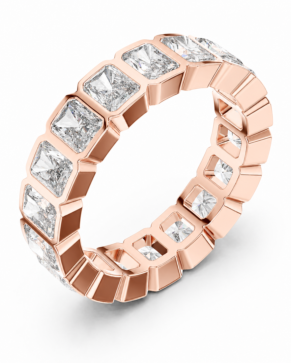 color_10K_RG, color_14K_RG &&	A rose gold eternity ring featuring a continuous row of bezel-set square-cut clear diamonds, shown on a clean white background.