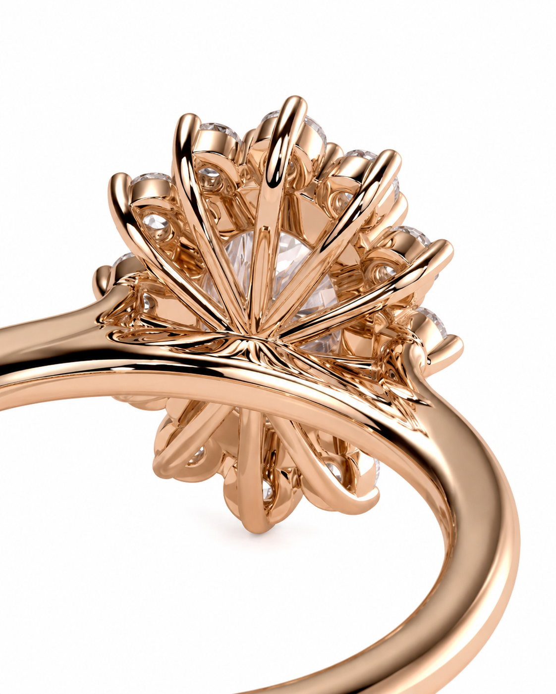 color_10K_RG, color_14K_RG &&Rose gold ring with a unique multi-pronged floral cluster setting and a clear center stone, shown on a white background.