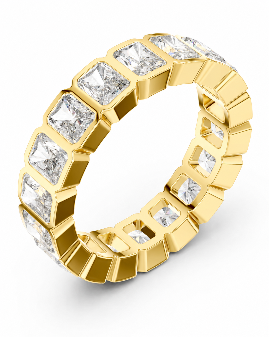 color_10K_YG, color_14K_YG &&	
A yellow gold eternity ring featuring a continuous row of princess-cut clear diamonds in a beveled setting, shown on a clean white background.