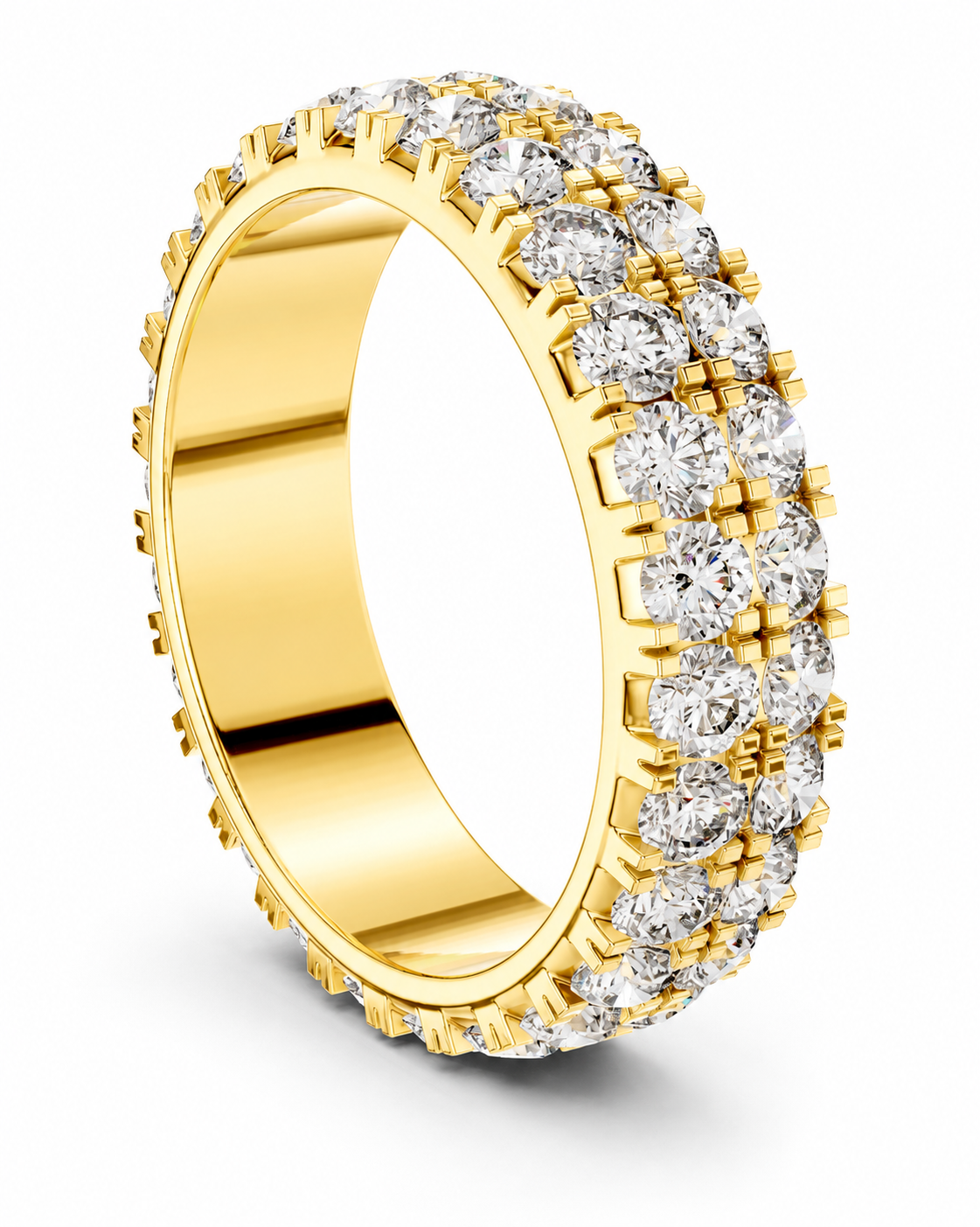 color_10K_YG, color_14K_YG &&	
A yellow gold eternity ring featuring double rows of round brilliant-cut clear gemstones in a prong setting, shown on a clean white background.