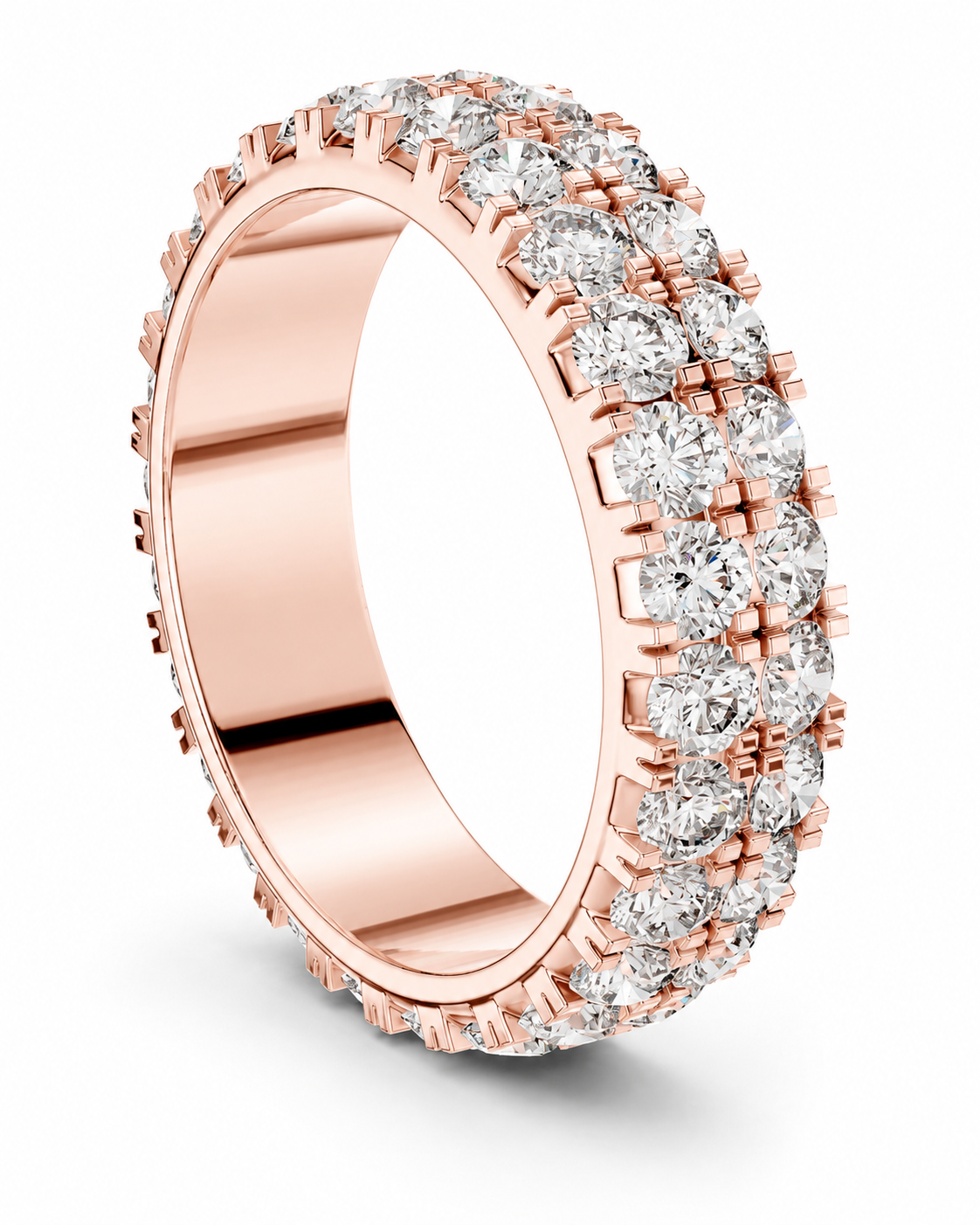 color_10K_RG, color_14K_RG &&	A rose gold eternity ring featuring three rows of round brilliant-cut diamonds set in a prong setting, shown on a clean white background.