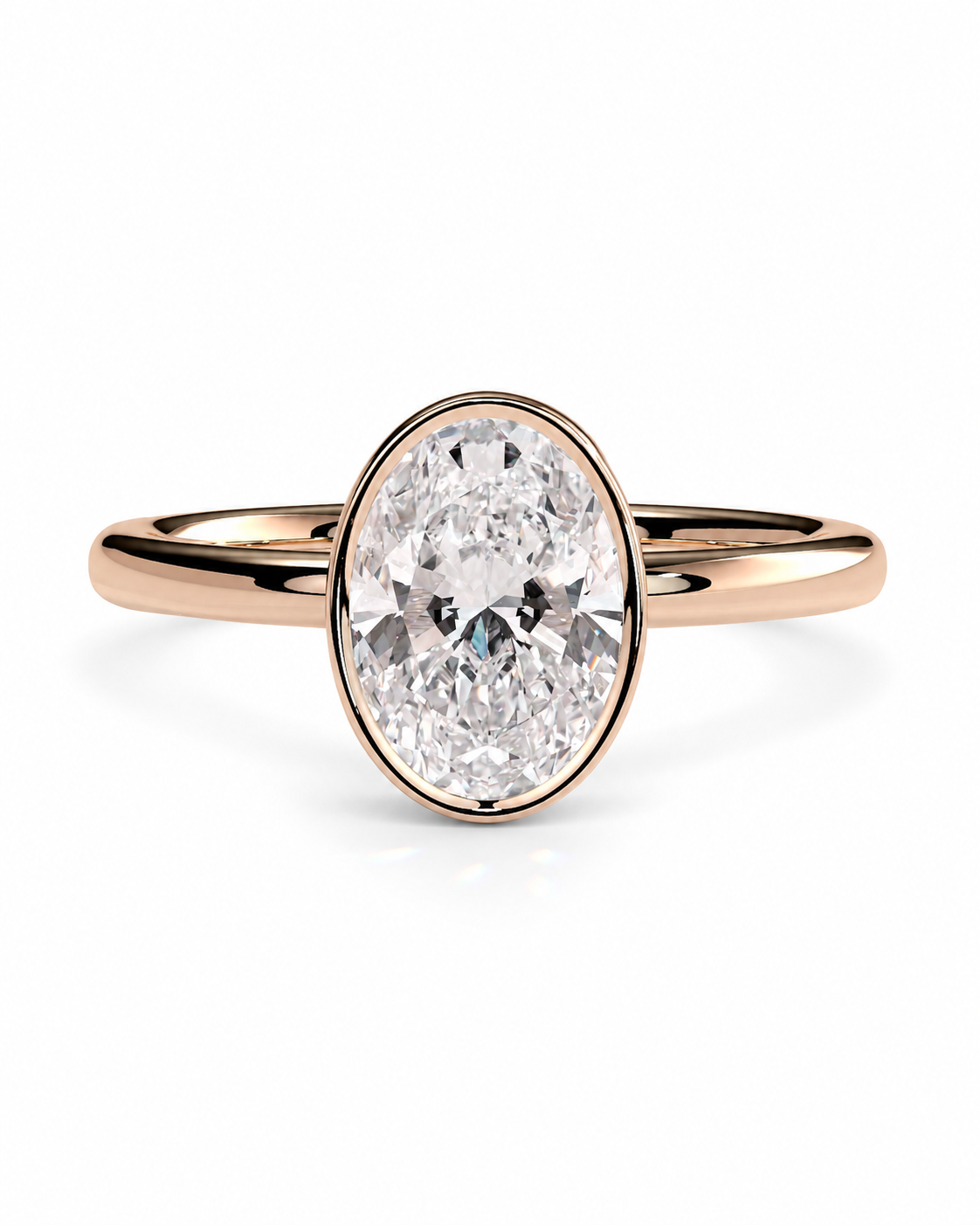 color_10K_RG, color_14K_RG &&An oval-cut diamond engagement ring in a rose gold setting on a polished rose gold band, shown against a clean white background.