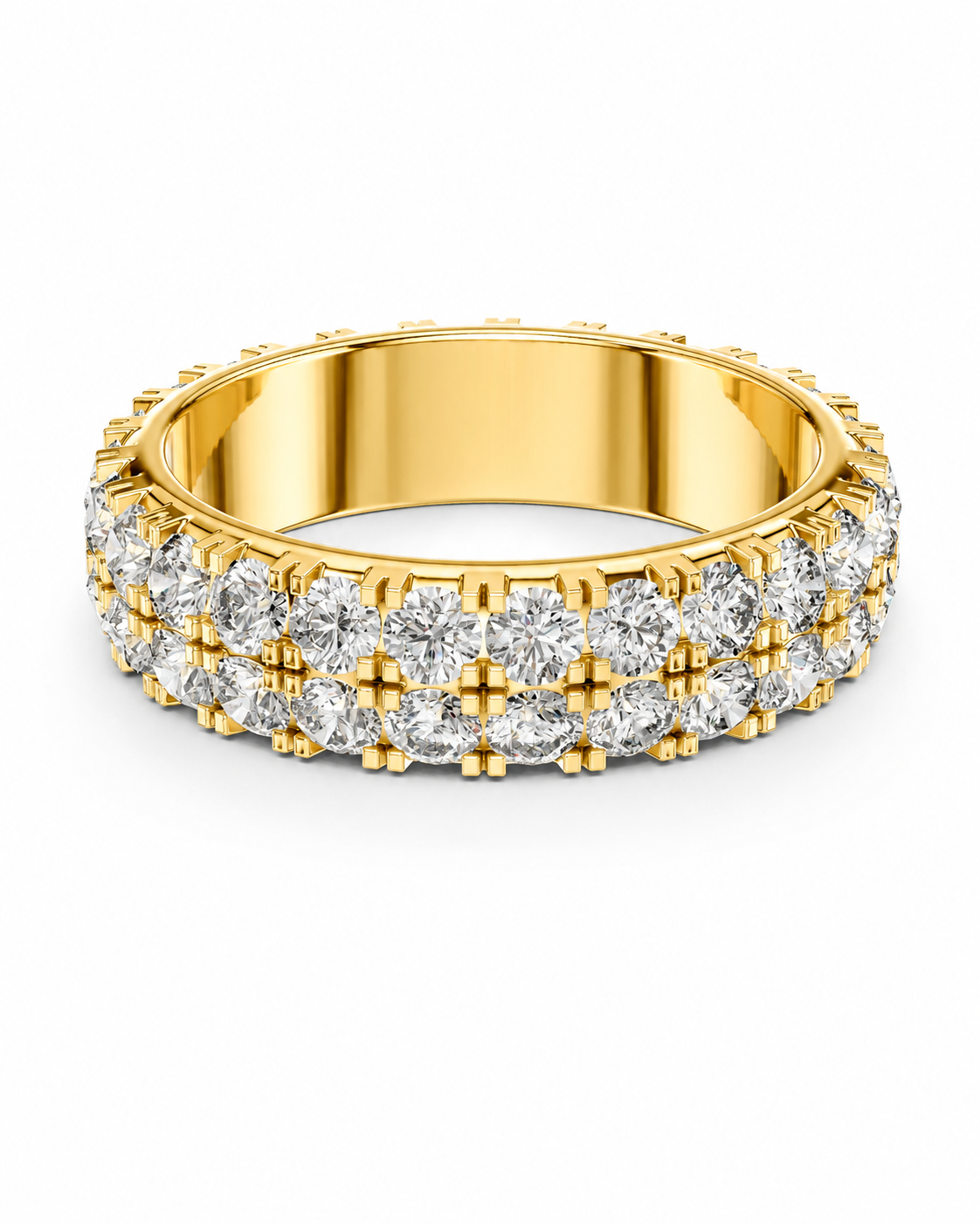 color_10K_YG, color_14K_YG &&	
A yellow gold eternity ring featuring three rows of round brilliant-cut diamonds in a prong setting, shown on a clean white background.
