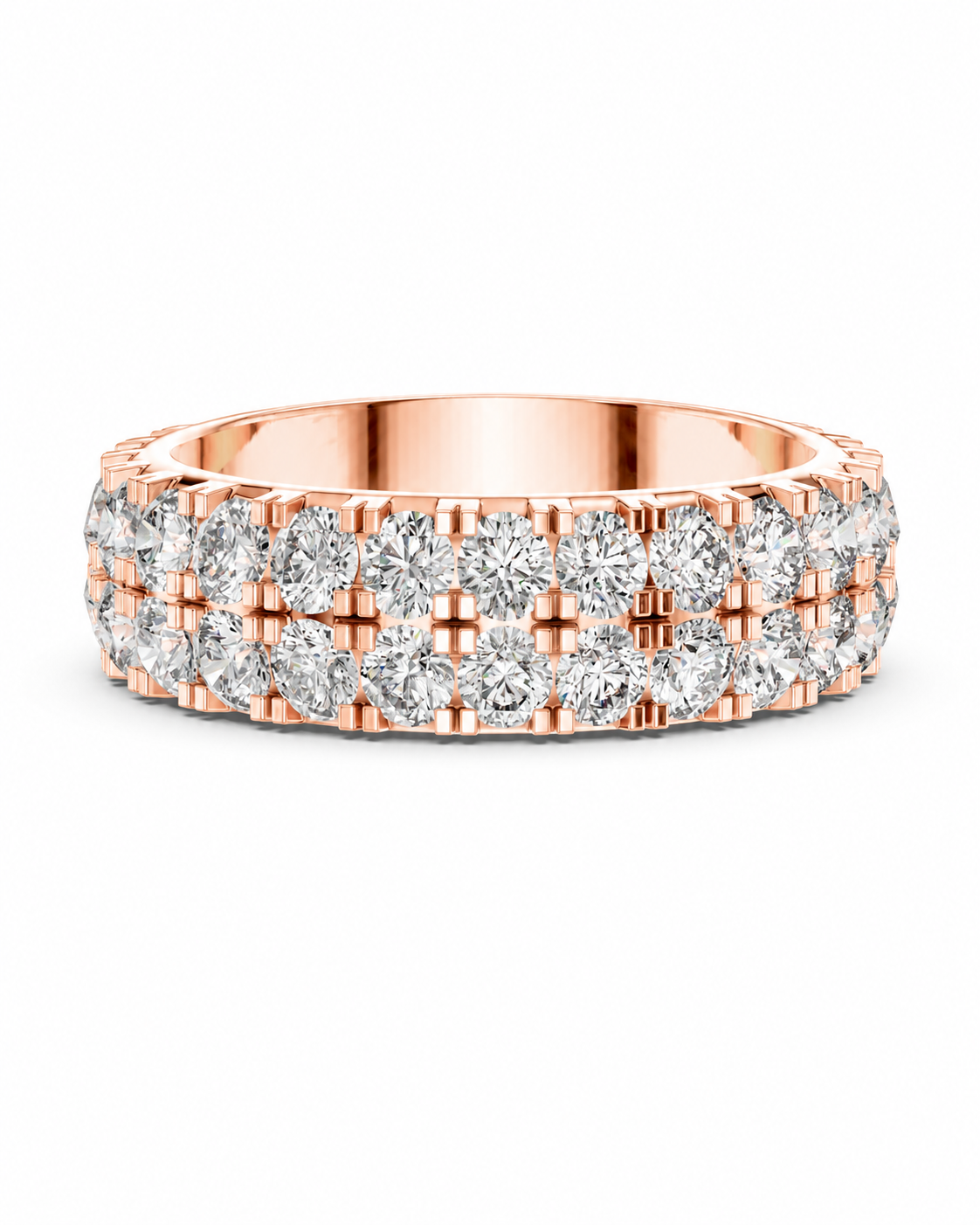 color_10K_RG, color_14K_RG &&	A rose gold eternity ring set with multiple rows of round brilliant-cut diamonds, shown on a clean white background.