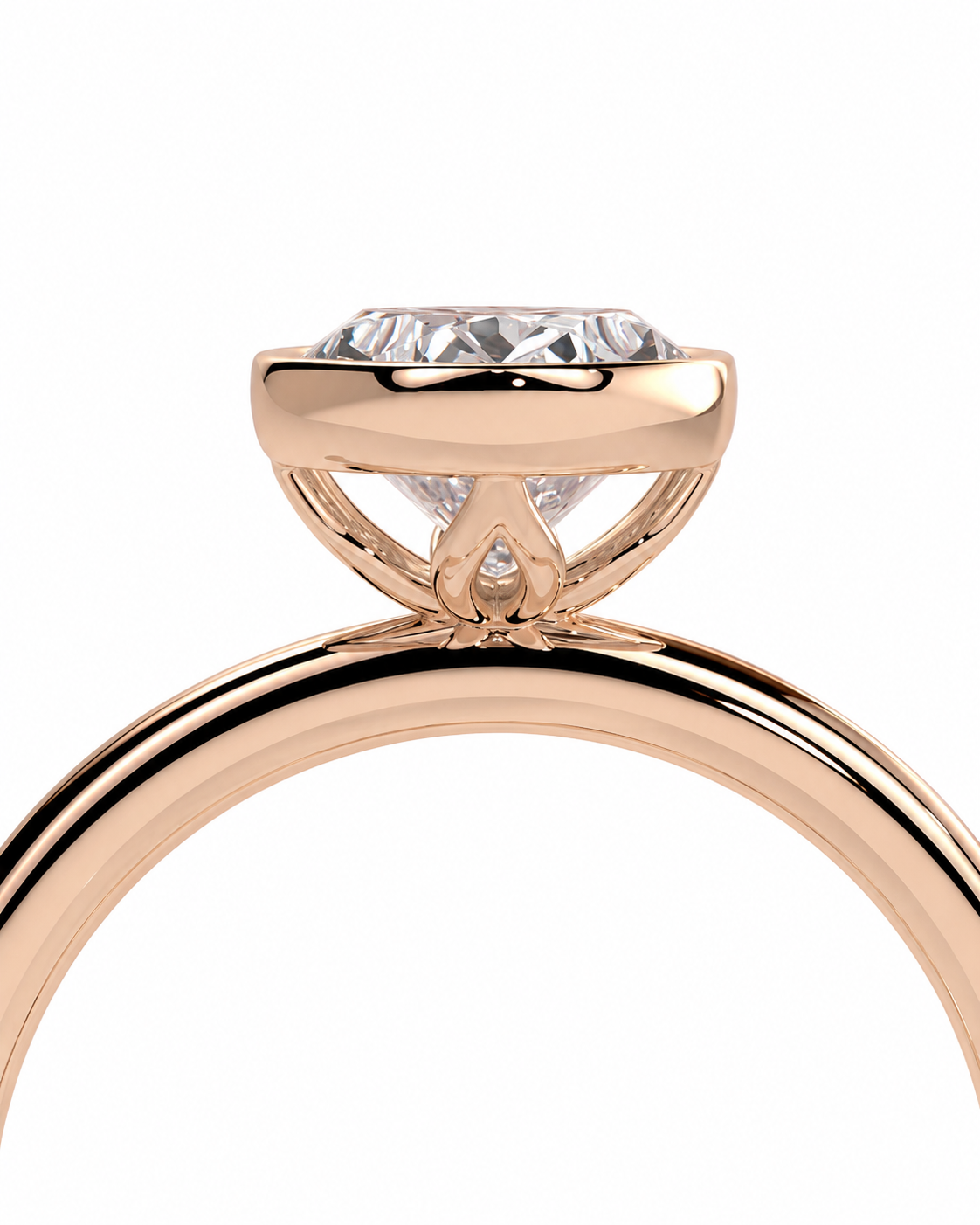 color_10K_RG, color_14K_RG &&Rose gold solitaire engagement ring with a round brilliant-cut diamond set in a three-stone cluster arrangement, shown against a solid white background.