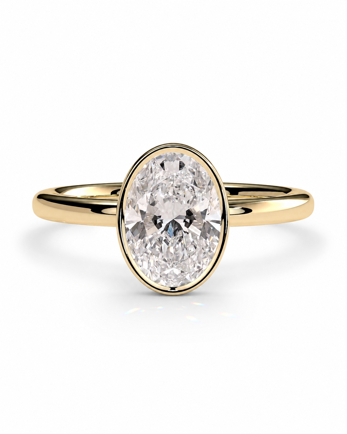 color_10K_YG, color_14K_YG &&Luxury oval moissanite ring featuring smooth bezel center stone design
