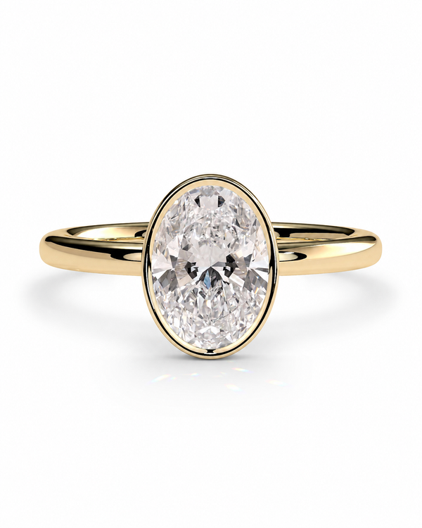 color_10K_YG, color_14K_YG &&Luxury oval moissanite ring featuring smooth bezel center stone design
