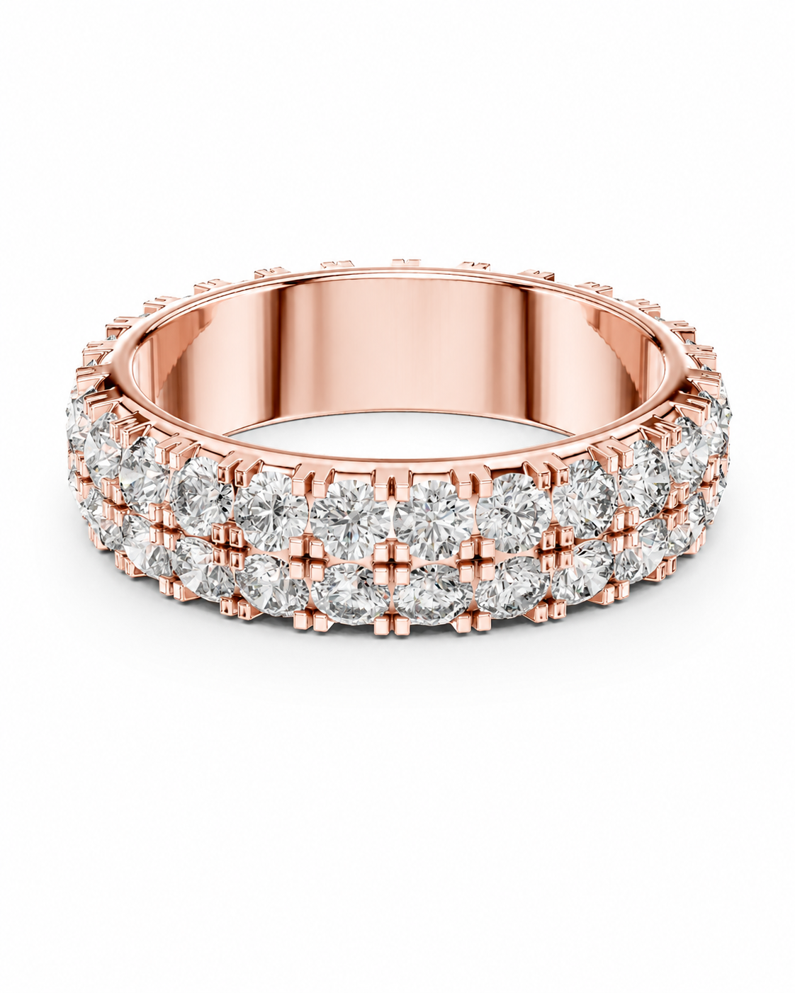 color_10K_RG, color_14K_RG &&	A rose gold eternity ring set with multiple rows of round brilliant-cut diamonds, shown on a clean white background.