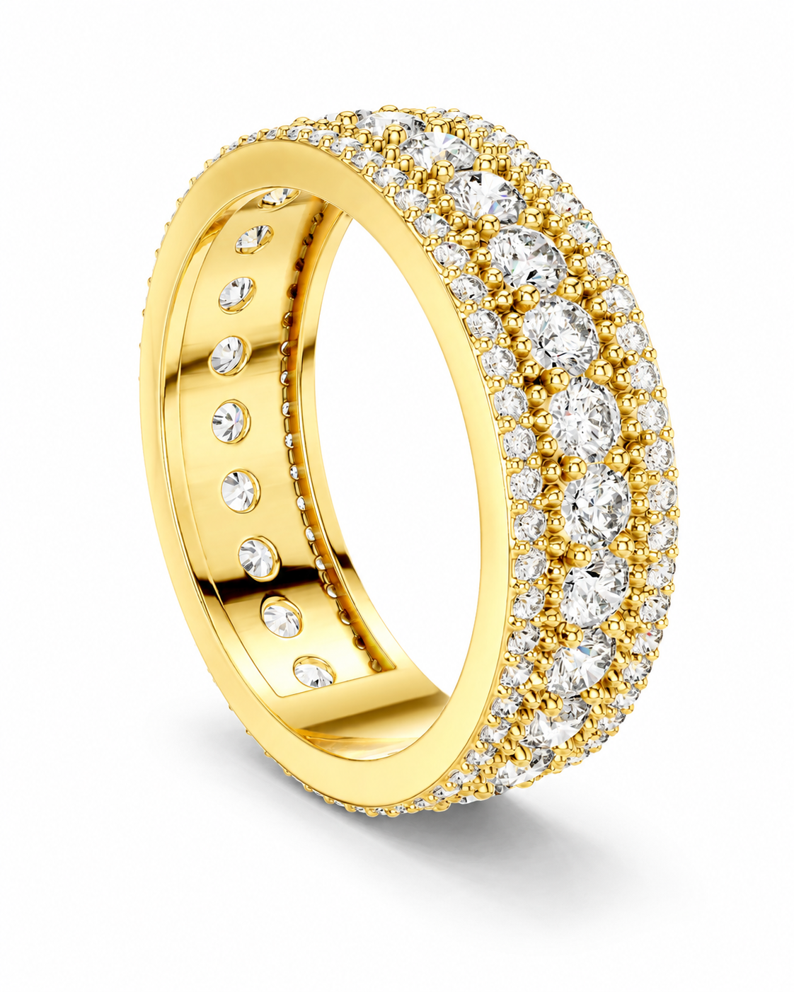 color_10K_YG, color_14K_YG &&	
A yellow gold eternity ring featuring double rows of round-cut clear pave diamonds on the exterior and a channel row of small diamonds on the interior, shown on a clean white background.