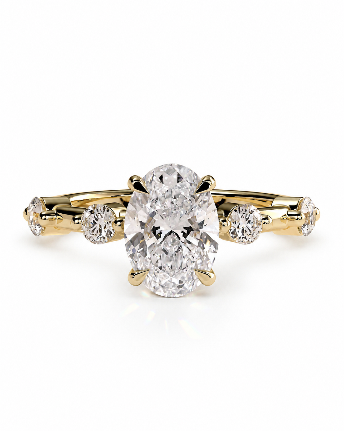 color_10K_YG, color_14K_YG &&Oval moissanite engagement ring with hidden halo and side stone design front view
