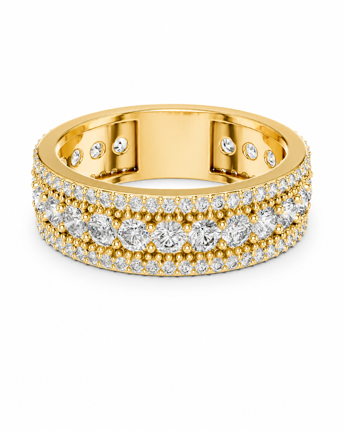 color_10K_YG, color_14K_YG &&	
A yellow gold eternity ring featuring multiple rows of round brilliant-cut diamonds and small pave-set diamonds, shown on a clean white background.